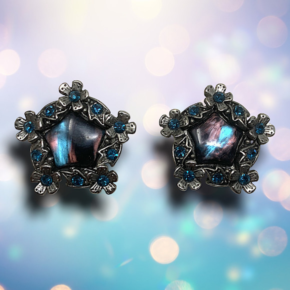 Vintage 1960's Abalone & Floral Star Silver Tone Earrings Clip On Couture - Picture 1 of 5